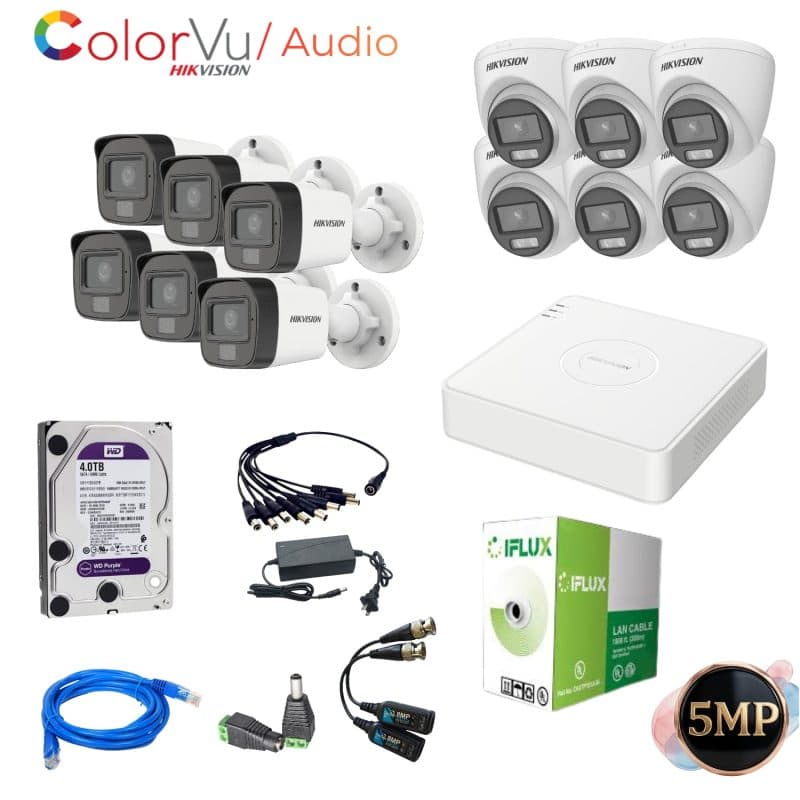 Kit Hikvision 12 cámaras 5MP ColorVu con audio y disco duro 4TB