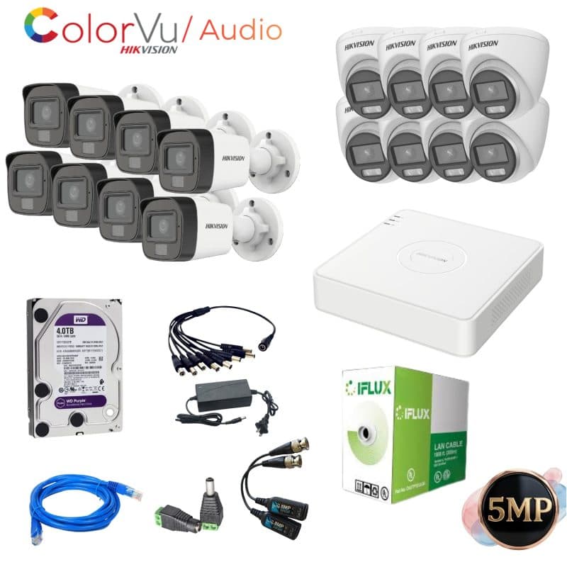 Kit Hikvision 16 cámaras 5MP ColorVu con audio y disco duro 4TB