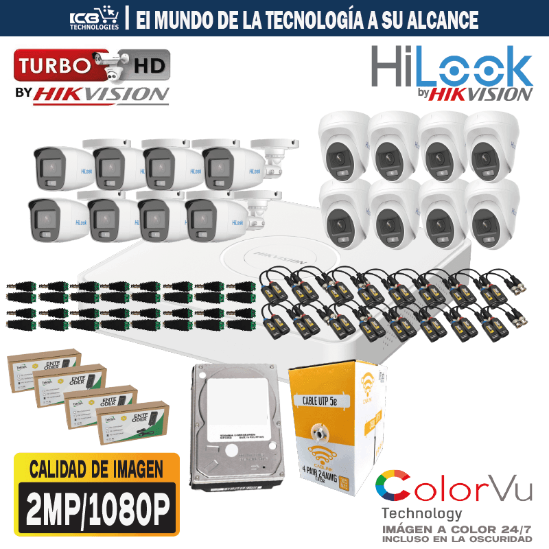 KIT VIGILANCIA HILOOK 16 CÁMARAS 2MP COLORVU 24/7 1TB