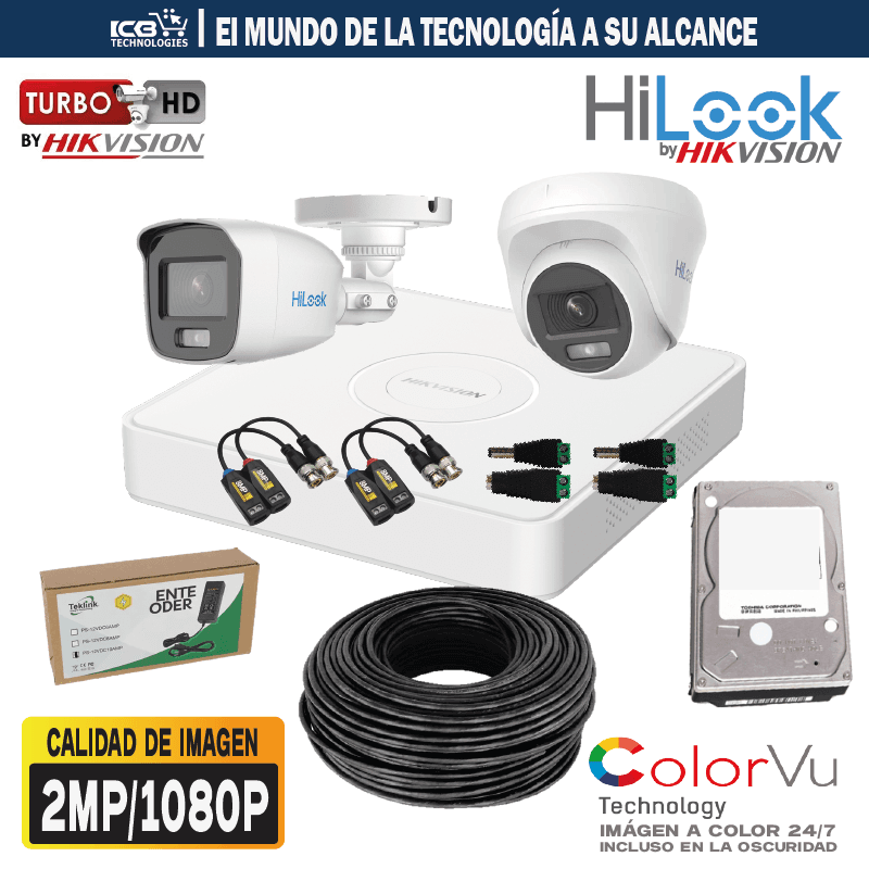 KIT VIGILANCIA HILOOK 2 CÁMARAS 2MP COLORVU 24/7 500GB