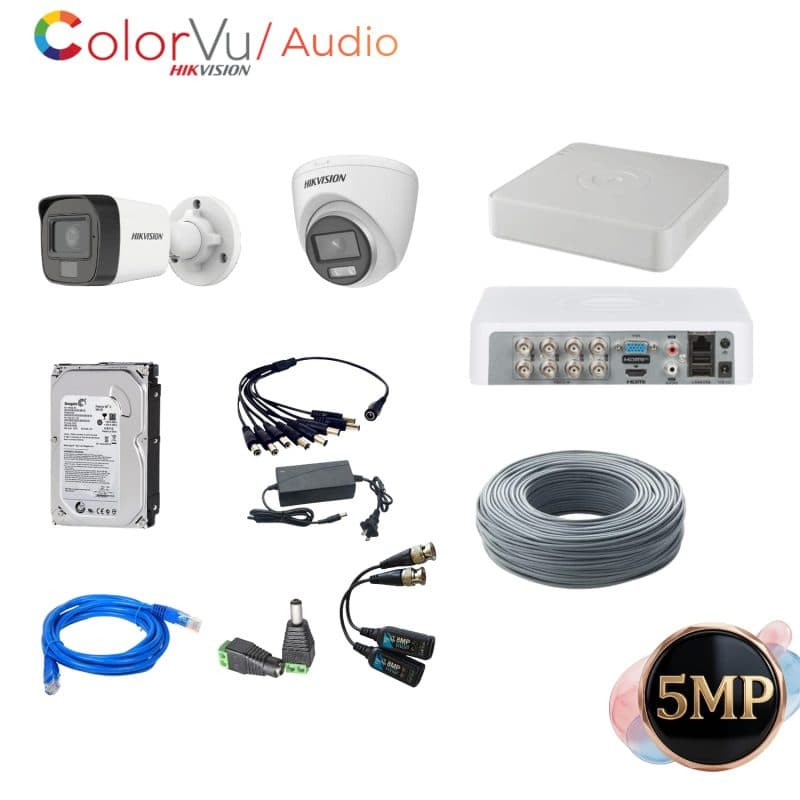 Kit Hikvision 2 cámaras 5MP ColorVu con audio y disco duro 500GB