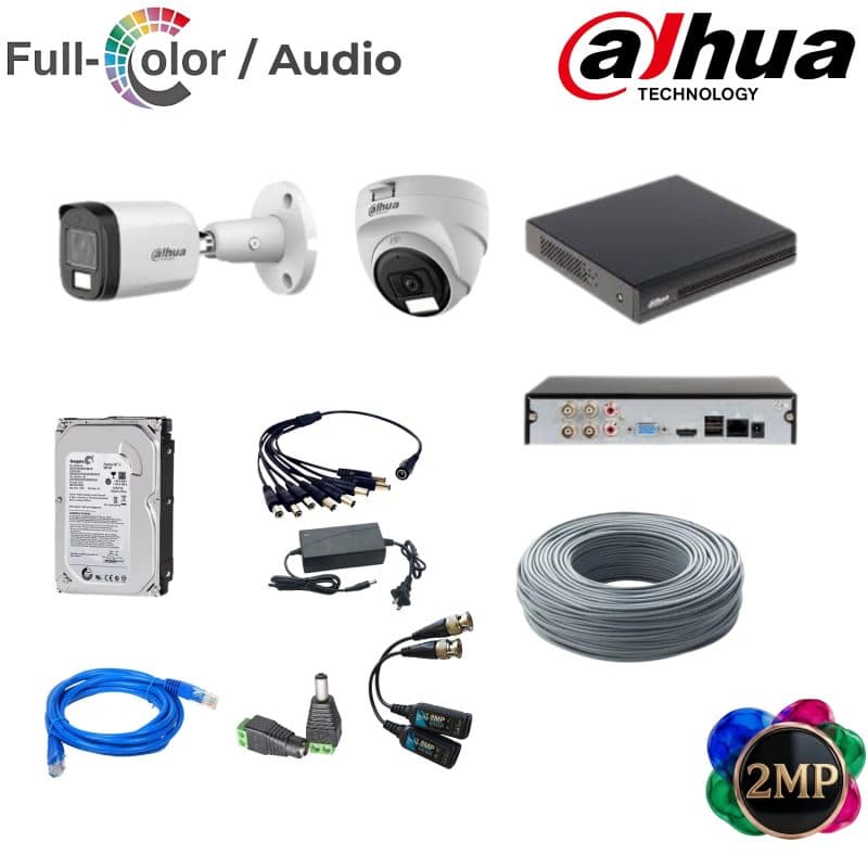 Kit Dahua 2 Cámaras 2MP Full Color con Audio y Disco Duro 500GB