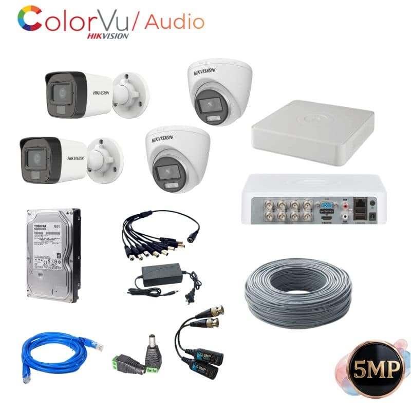 Kit Hikvision 4 cámaras 5MP ColorVu con audio y disco duro 1TB