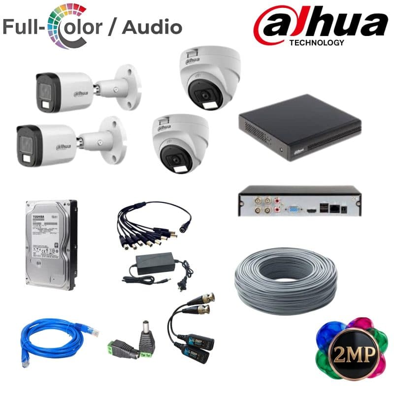 Kit Dahua 4 Cámaras 2MP Full Color con Audio y Disco Duro 1TB