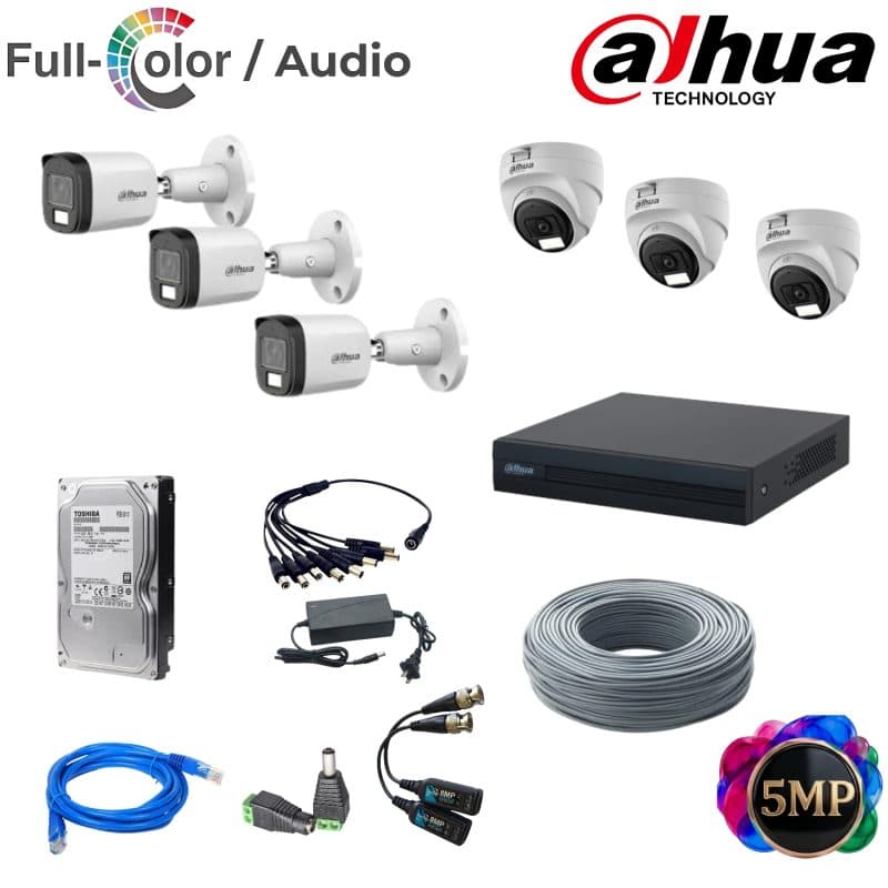 Kit Dahua 6 cámaras 5MP FullColor con audio y disco duro 1TB