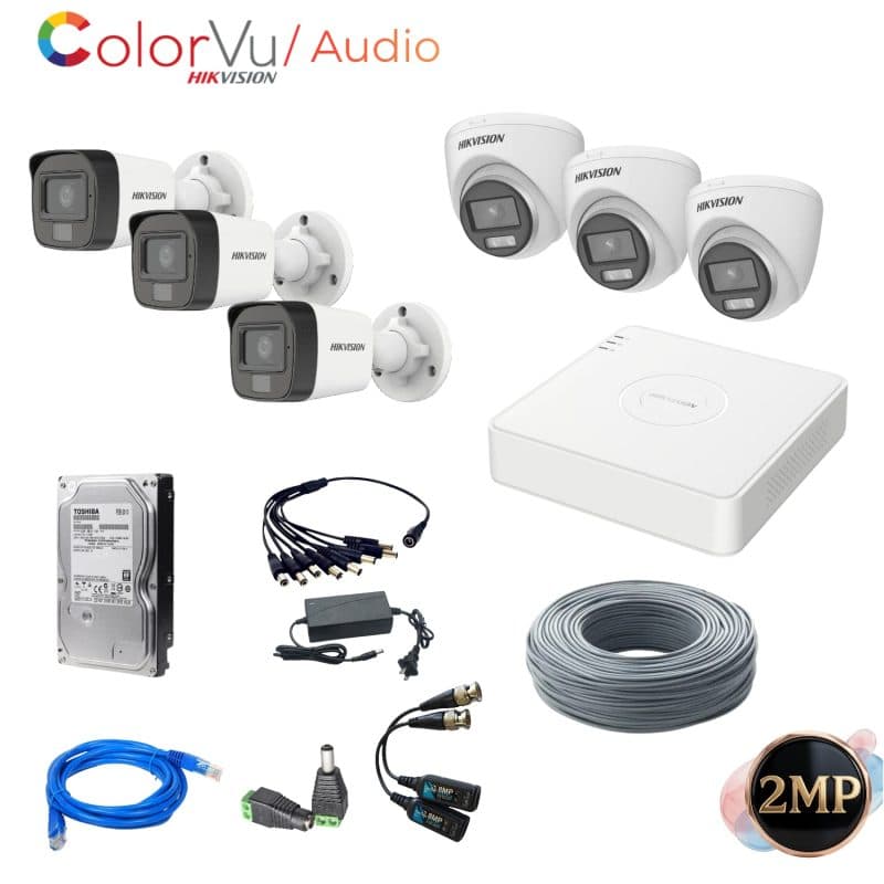 Kit de Vigilancia Hikvision de 6 Cámaras 2MP ColorVu con Audio y Disco 1TB