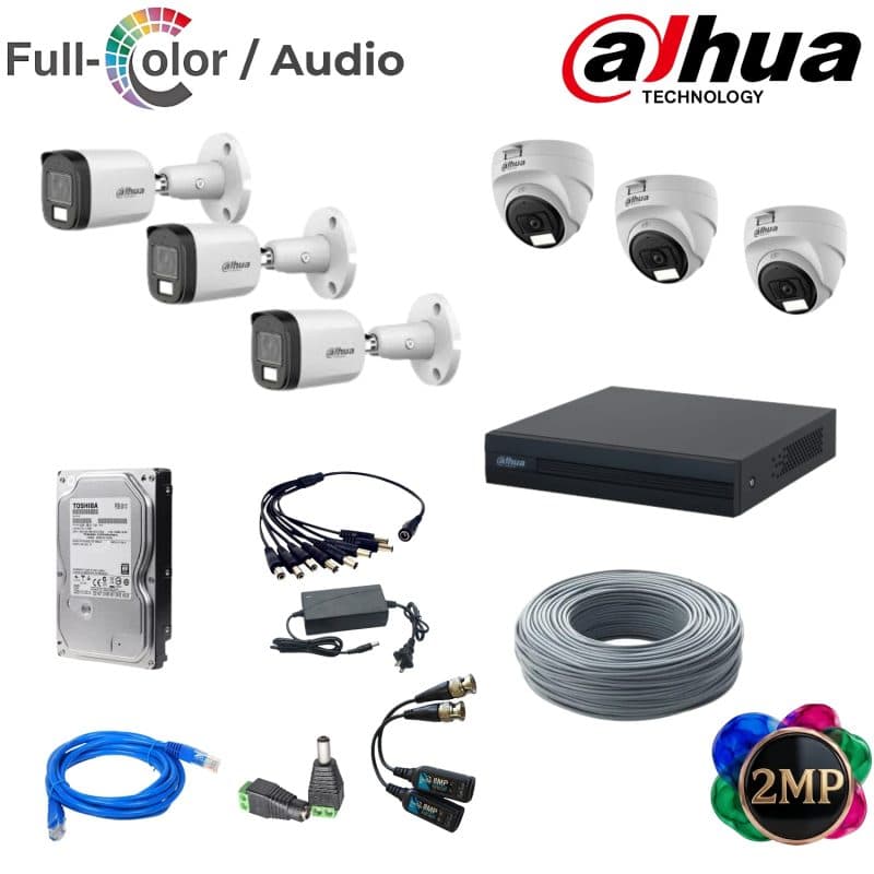 Kit Dahua 6 Cámaras 2MP Full Color con Audio y Disco Duro 1TB