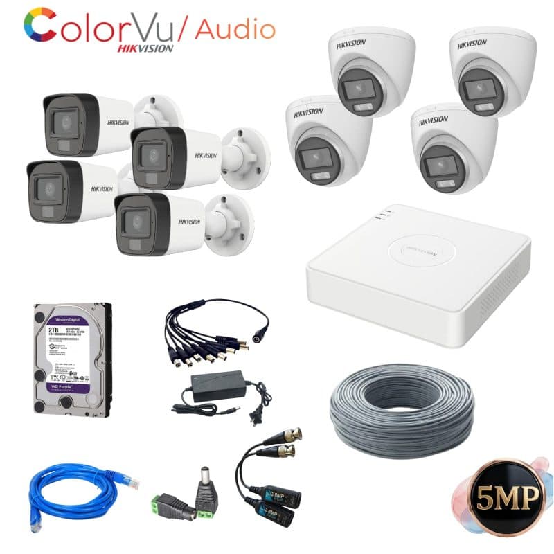 Kit Hikvision 8 cámaras 5MP ColorVu con audio y disco duro 2TB