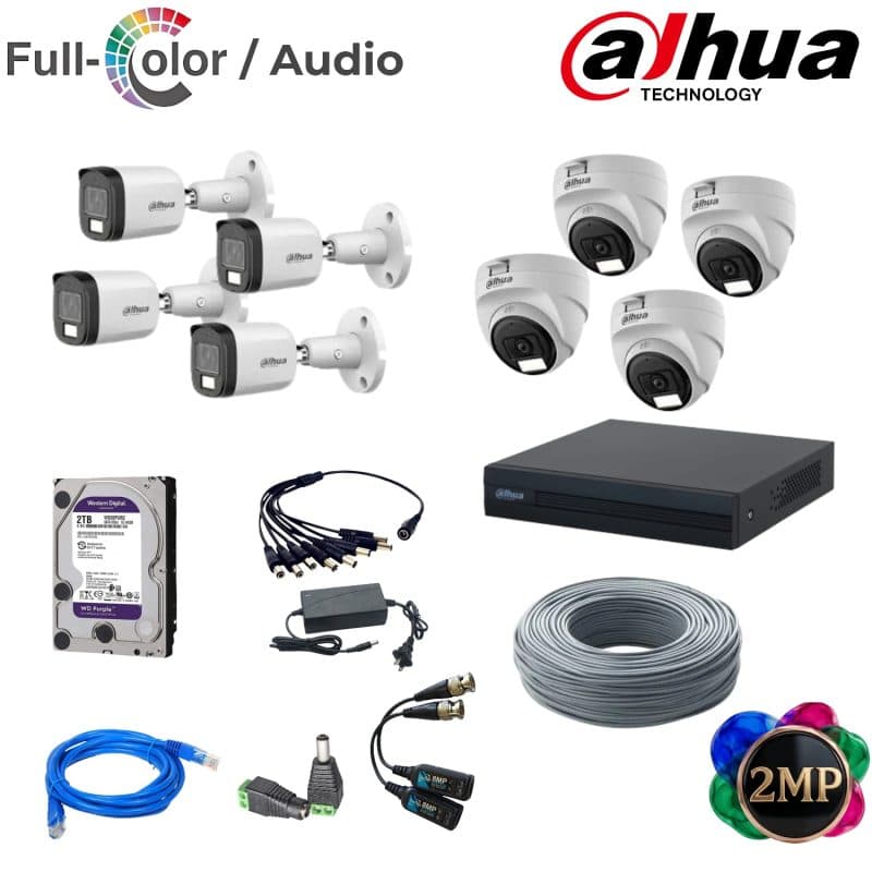 Kit Dahua 8 Cámaras 2MP Full Color con Audio y Disco Duro 2TB