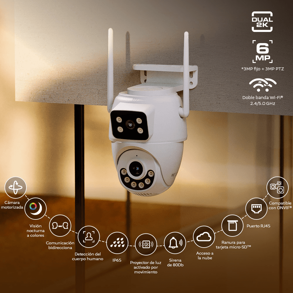 Cámara WiFi Nexxt NHC-OP30DL Dual Lens 6MP 3+3 2.4-5GHz FC con Audio e IP65