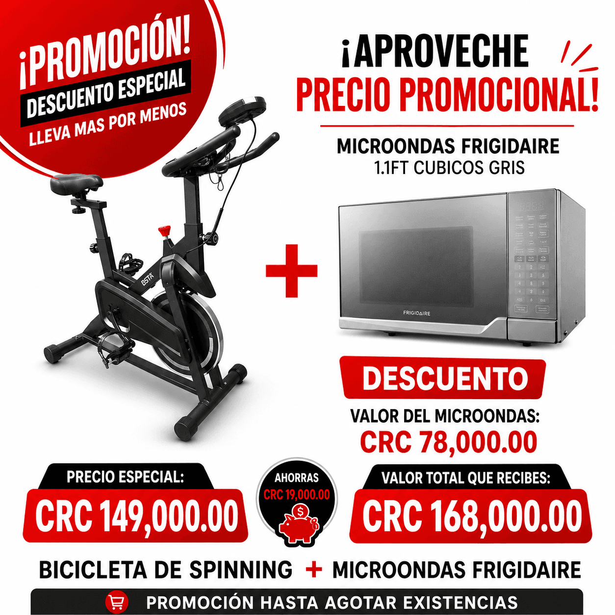 BICICLETA DE SPINNING OSTA USO DOMESTICO + MICROONDAS FRIGIDAIRE 900W 1.1 FT CUBICOS GRIS