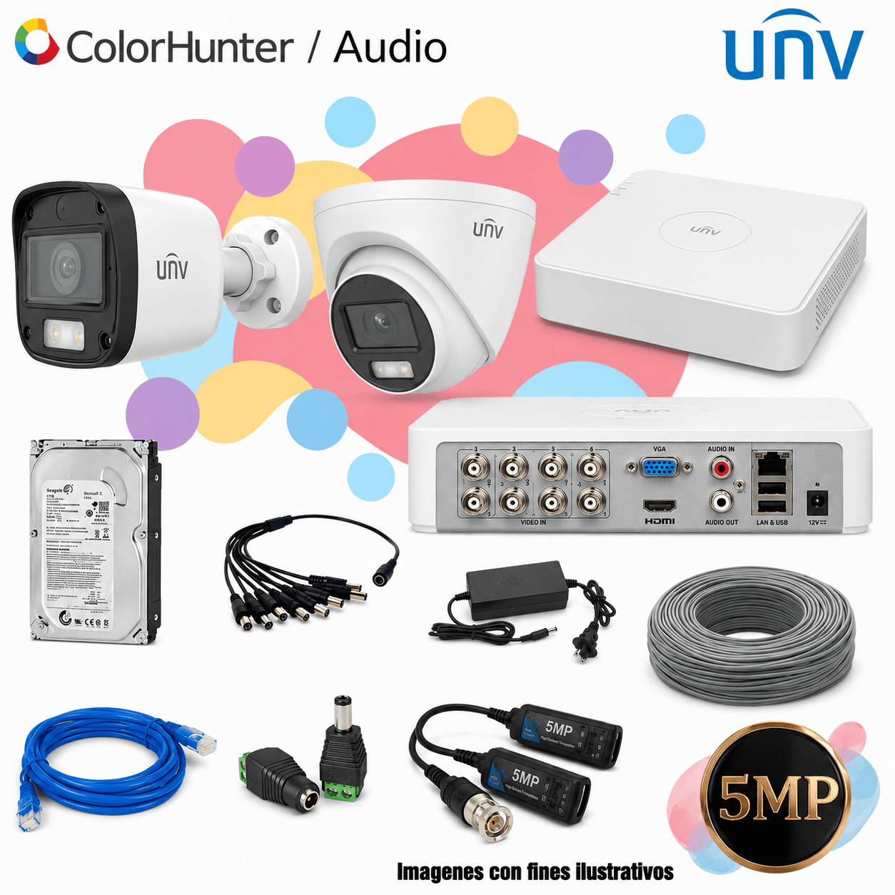 KIT UNV 2 CAMARAS 5MP COLORHUNTER CON AUDIO DISCO DURO 500GB