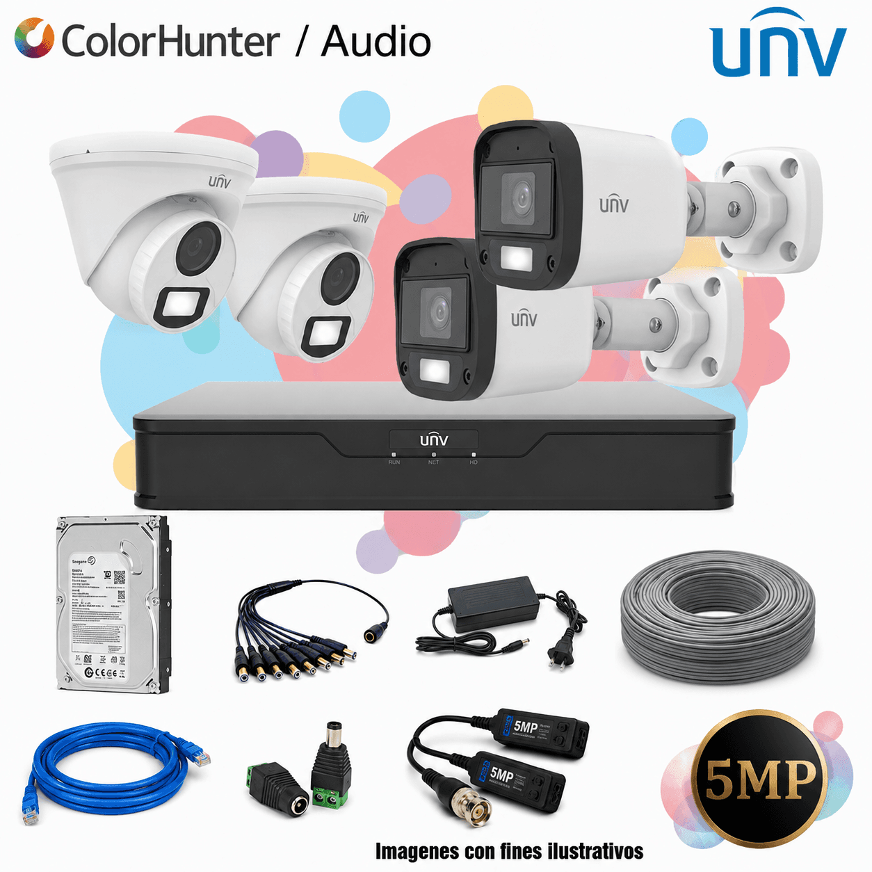KIT UNV 4 CAMARAS 5MP COLORHUNTER CON AUDIO DISCO DURO 1TB