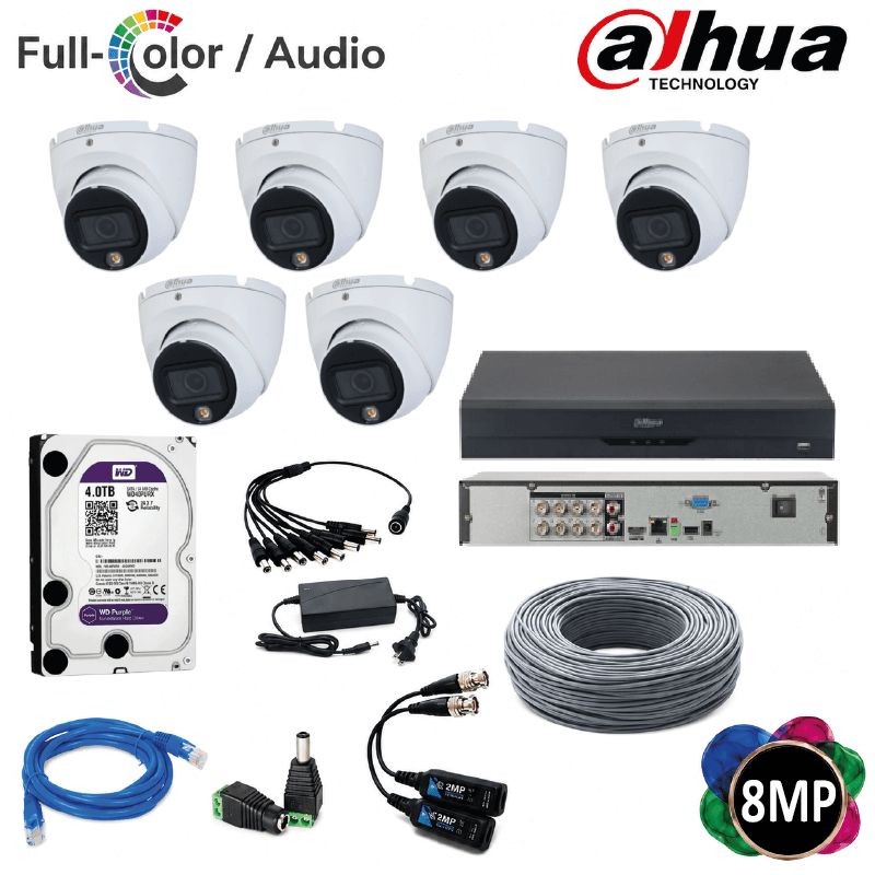 KIT DAHUA 6 CAMARAS 8MP FULLCOLOR CON AUDIO DISCO DURO 4TB