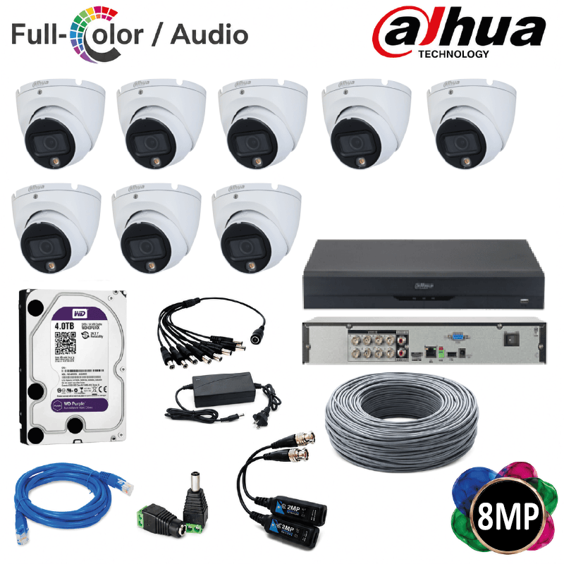 KIT DAHUA 8 CAMARAS 8MP FULLCOLOR CON AUDIO DISCO DURO 4TB