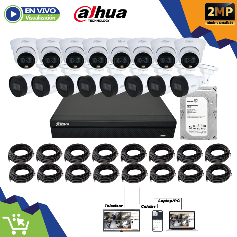 KIT VIGILANCIA DAHUA 16 CAMARAS DIGITALES 2MP POE DD 4TB